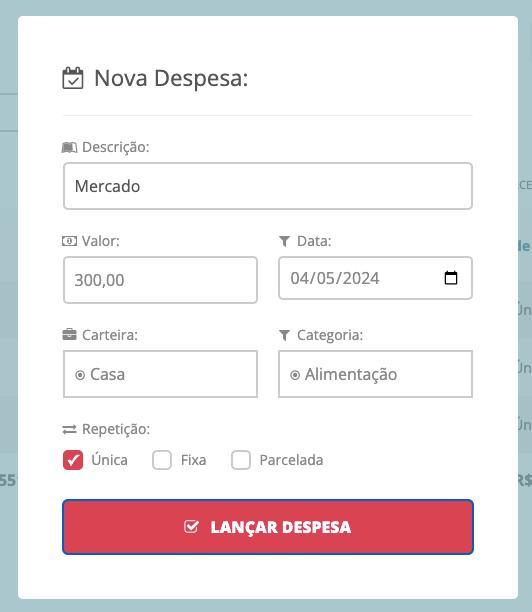 Informando os campos para cadastrar uma nova receita